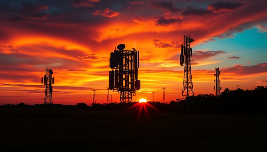 Telecom towers silhouetted at sunset with news anchor, Nigeria diesel blockade.