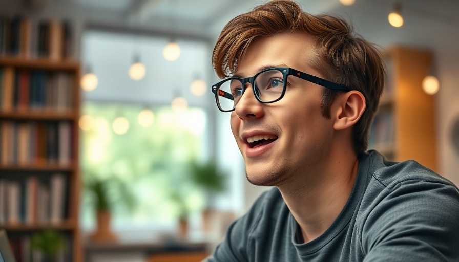 Enthusiastic young man discussing a topic, blurred home background.