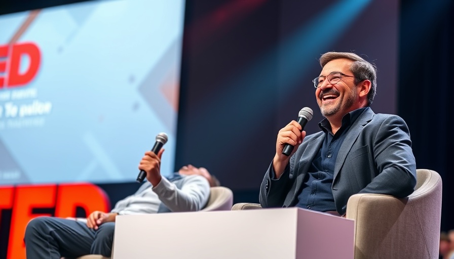 Two men on stage discussing success.