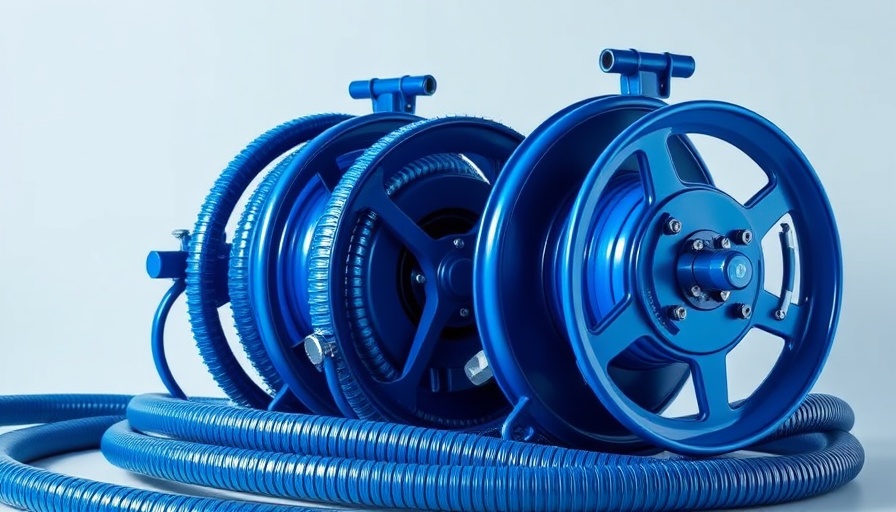 Coxreels Vacuum Series Reel Improvements showcasing blue hose reels with cranks.