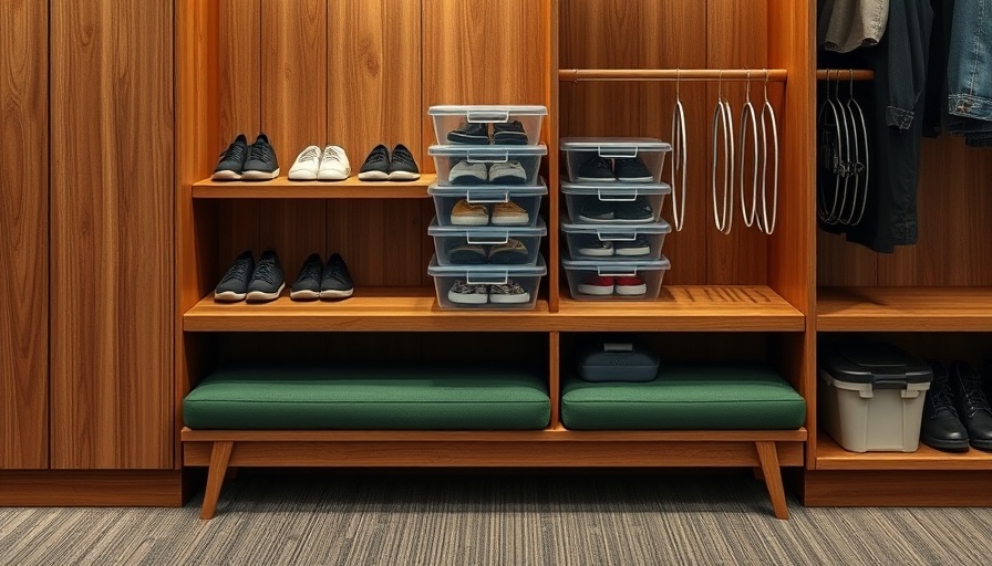 Modern shoe organizers including wood cabinet and green benches.