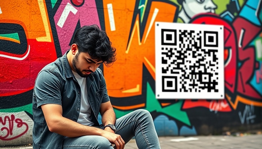 Man with colorful mural and Street Wallet QR code for funding.