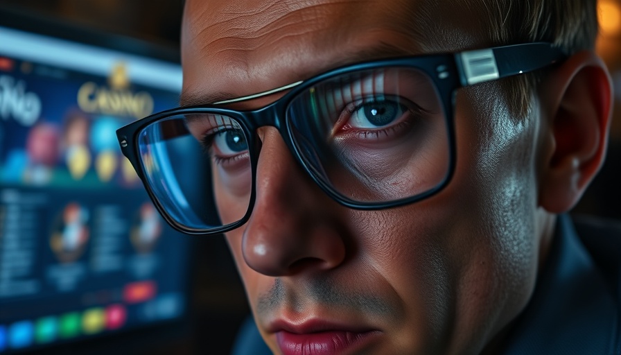Close-up of glasses reflecting a betting screen in a dim environment.