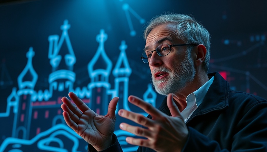 Middle-aged man gestures while explaining prompt injection prevention, Testing LLMs for Prompt Injection, neon background.