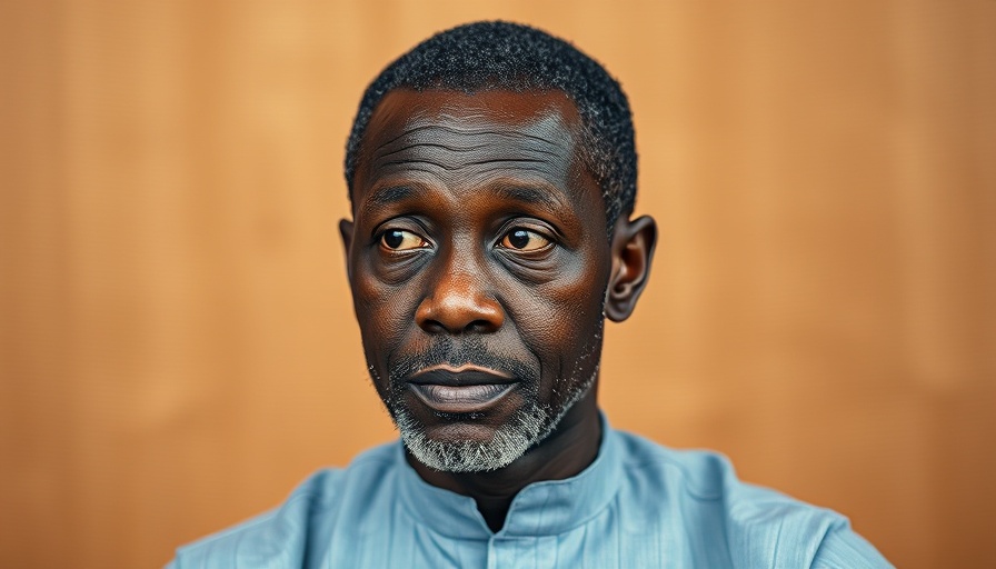 Focused African man in light blue traditional shirt, targeted payment services Africa