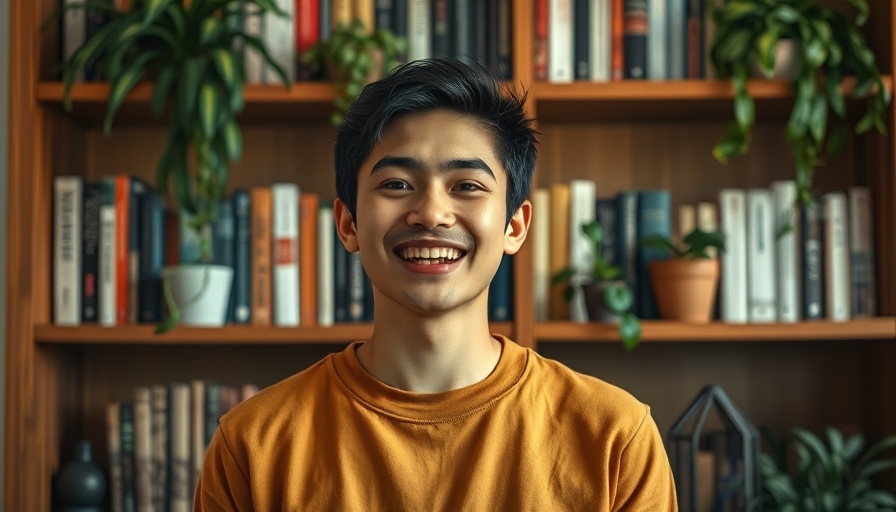 Person speaking in front of bookshelf indoors.