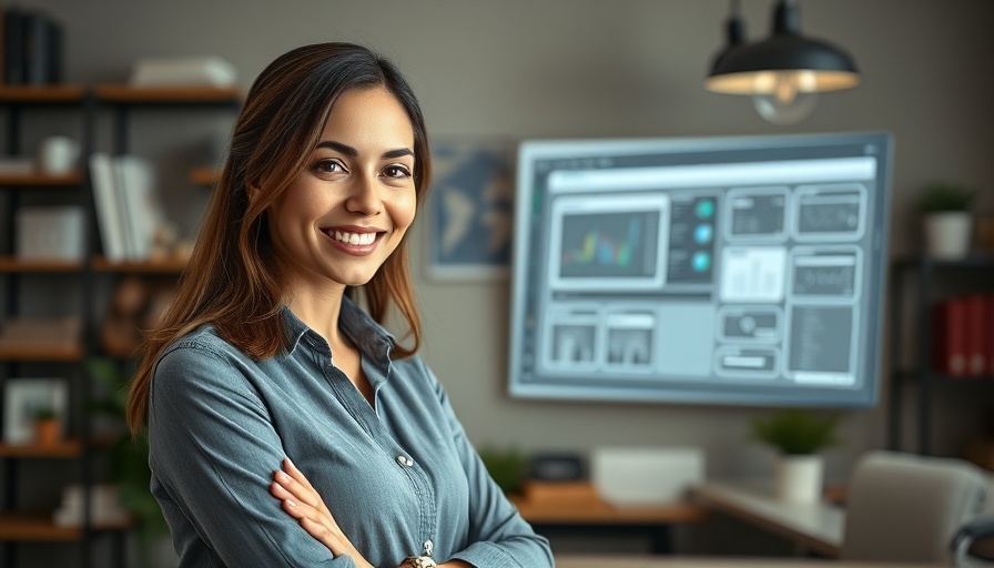 Young woman presenting AI project in tech interface environment.