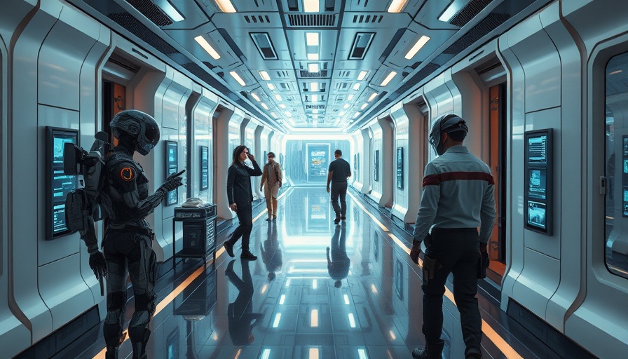 Futuristic sci-fi corridor with characters at Unreal Engine event.