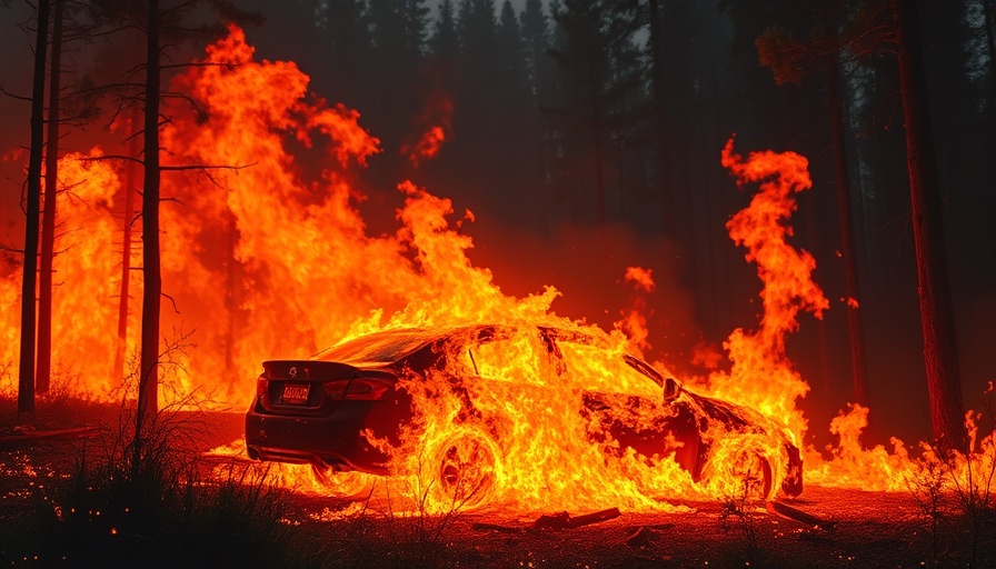 Portugal wildfires climate change response, car engulfed by flames, forest fire.