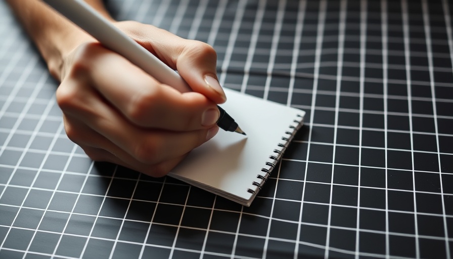 Close-up of hands writing on notepad on grid surface, realistic photo.