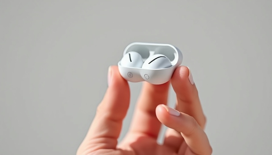 Google Pixel Buds 2a held in hand on neutral background.