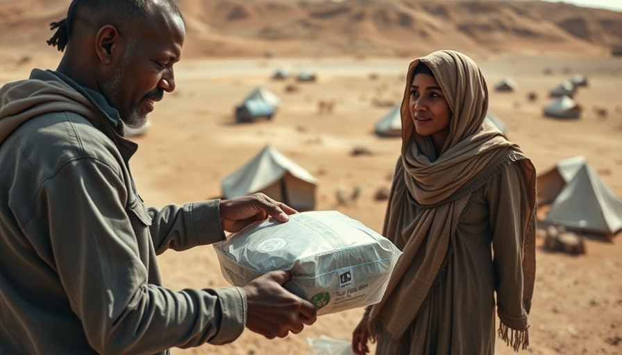 Protect Aid Workers Africa: Aid worker hands supplies in desert setting.