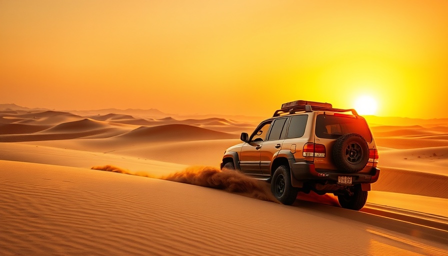SUV on sand dunes at sunset illustrating Gaussian splats and AI in automotive marketing.