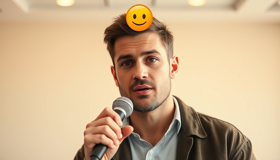 Casually dressed man talking into a microphone indoors.