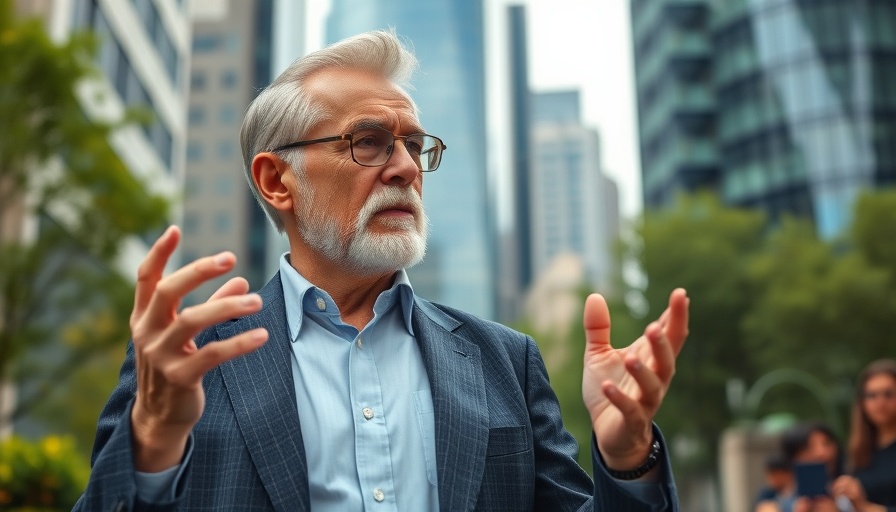Older man discussing mindful movement exercises in an urban setting.