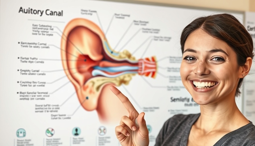 Anatomy of the ear illustration with labels and a person pointing.