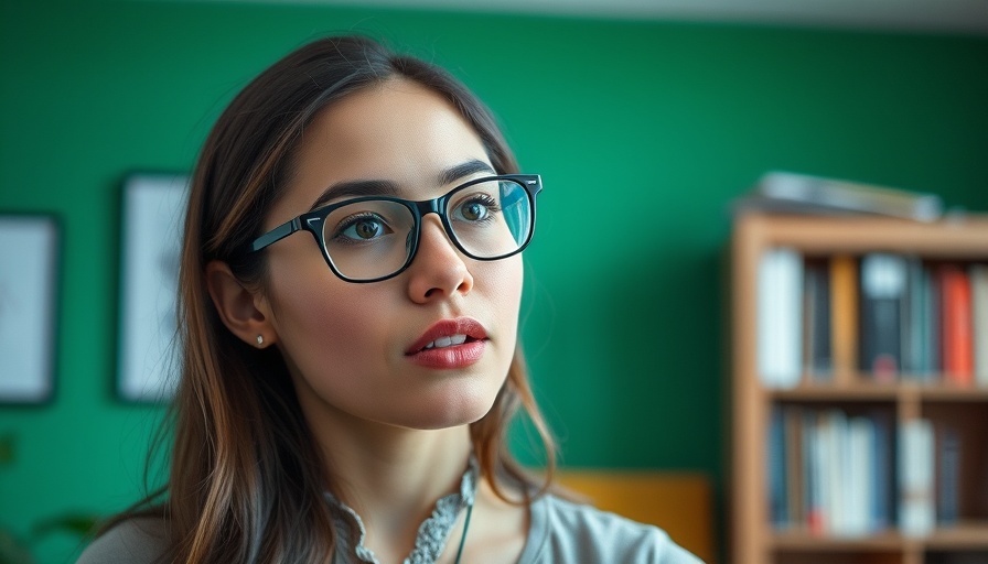 Woman explaining mind-body connection indoors, green wall backdrop.