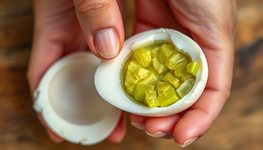Boiled egg with green yolk held over wooden surface.