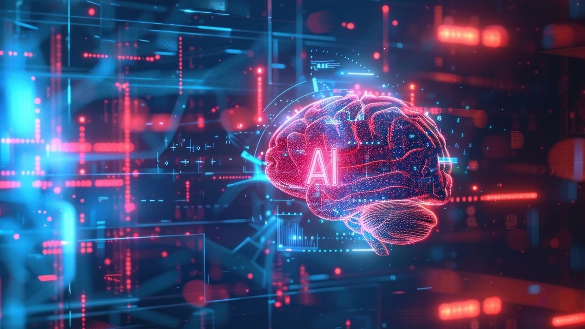Young man in office discussing smart AI logic, modern setting.