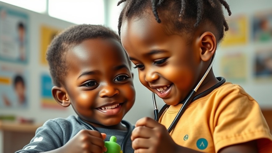 Smiling African child with stethoscope in a vibrant Case Clinics Uganda setting, focused on paediatric care.