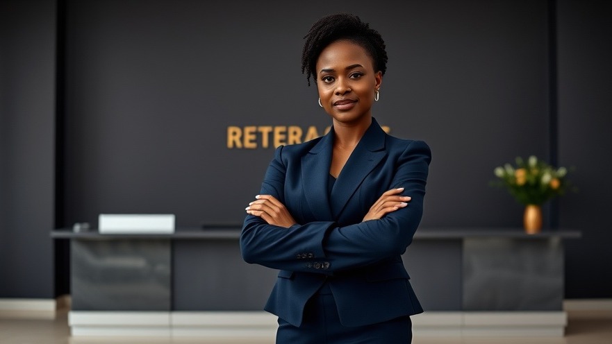 Confident African woman showcasing Bedrock Residences innovative lodging in Africa.