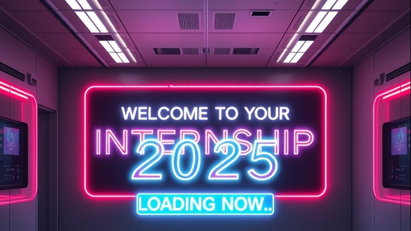 Futuristic office with neon text 'Welcome to Your Internship 2025' and flashy border.