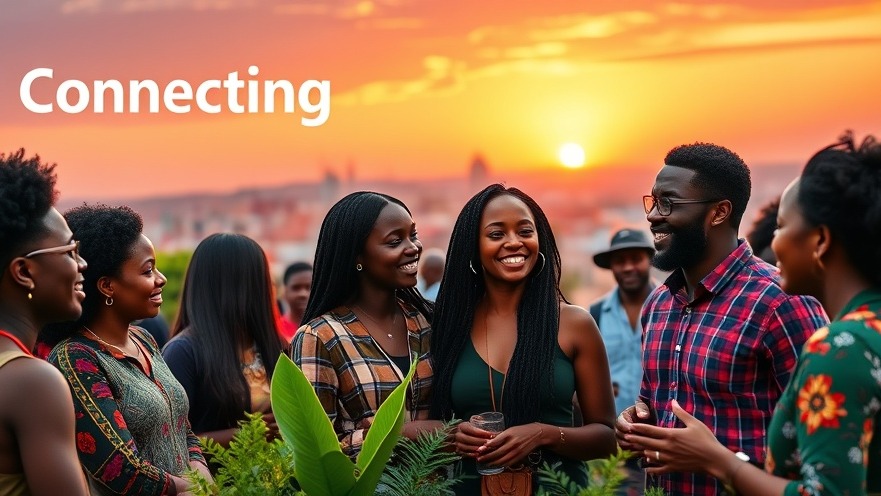 Smiling Tanzanian entrepreneurs networking at a vibrant outdoor event during sunset.