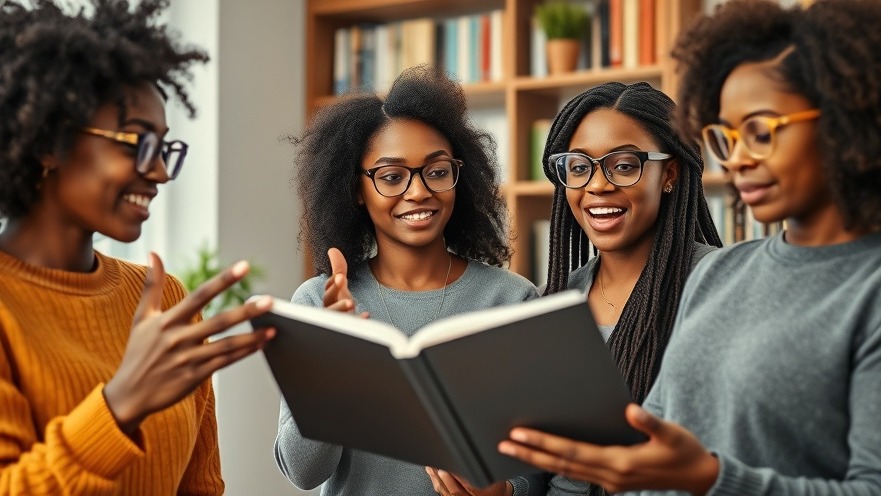 Young African women in a modern home office discussing a book, enhancing motivation.