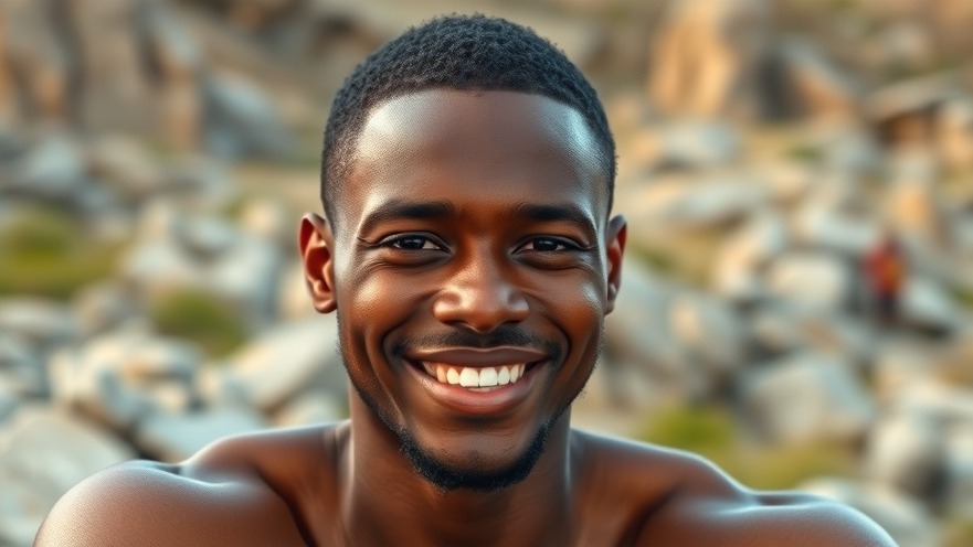 Smiling African man in a rocky landscape, showcasing slow movement benefits and calmness.