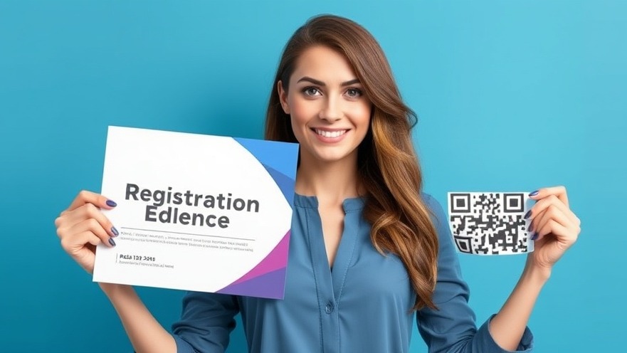 Confident woman presenting AI Africa registration, modern design with QR code.