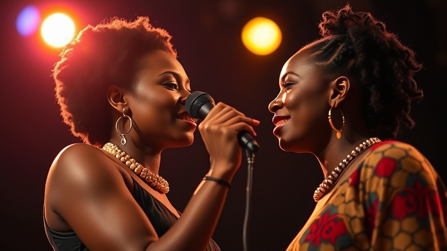 Close-up of African women performing with music technology under dramatic lighting.