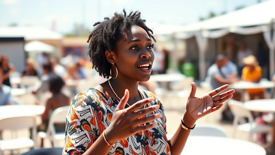 Engaged African woman discussing AI technology in filmmaking at a lively outdoor event.