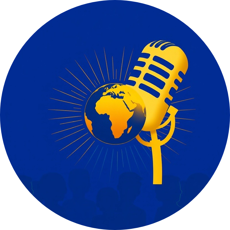 Stylized gold microphone with sound waves on blue, featuring diverse silhouettes.