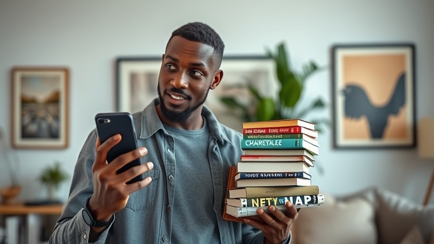 Curious African male showcasing smartphone in modern living room for personal growth.