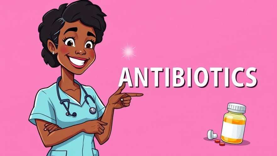 Engaging cartoon of an African female nurse teaching about antibiotic pharmacology in nursing education.