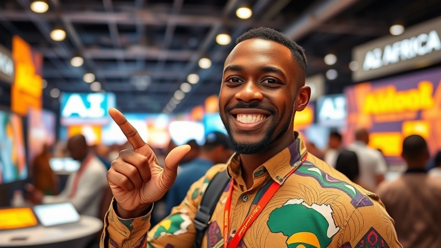 Professional African man excitedly engaging with AI technology at a vibrant film event.