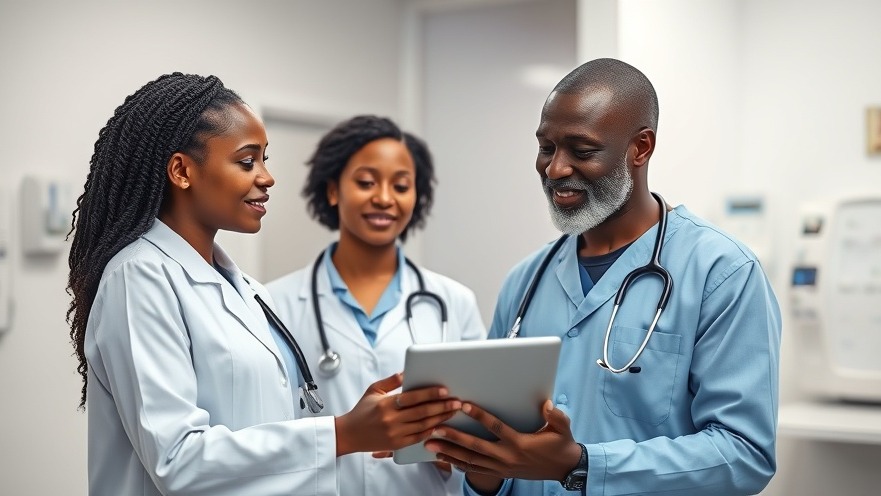 Two African healthcare professionals discuss AI in healthcare using a tablet in a modern clinic.