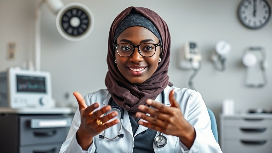 African Muslim doctor discussing improving child diet and health advice in Kampala.