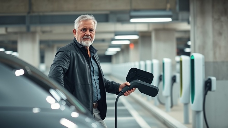 A middle-aged man charging an electric car in a modern airport parking garage showcasing sustainability in aviation.