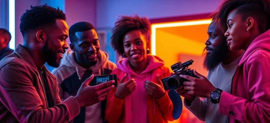Diverse young African filmmakers discuss projects in a vibrant high-tech studio, showcasing AI technology.