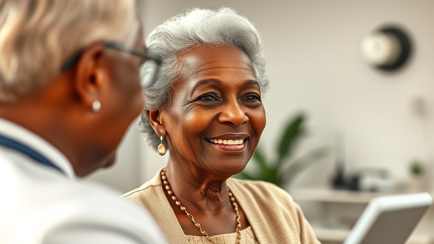 Elderly African woman smiling in a clinical setting, showcasing AI in healthcare innovations.