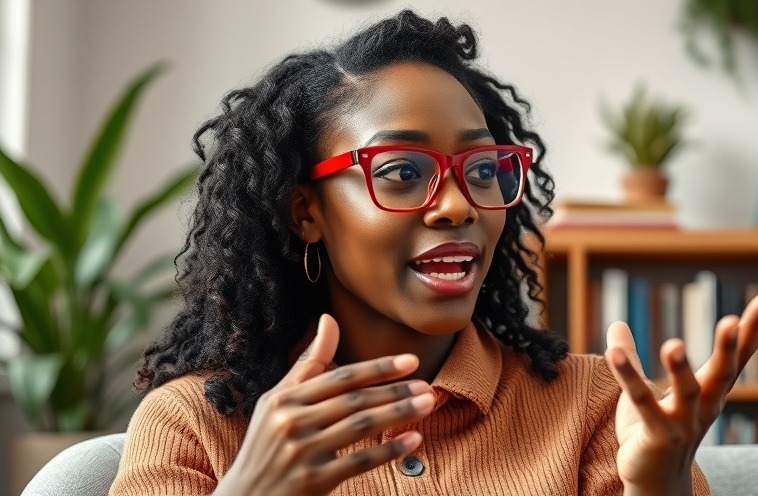 Young African woman in red glasses discussing personal growth and goal setting.