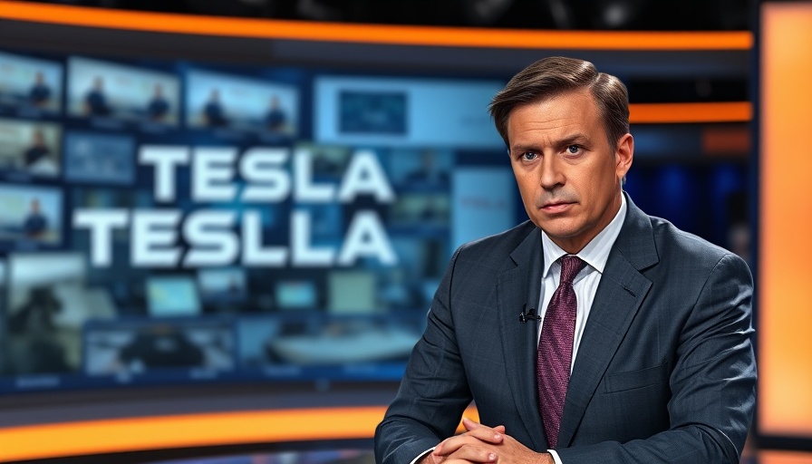 News anchor discussing Tesla's decline, serious expression.