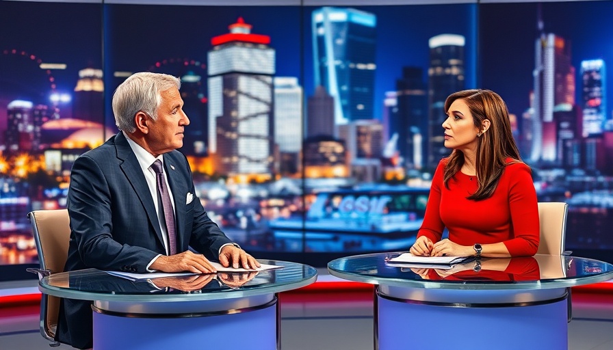 News presenters discuss in a vibrant studio setting.