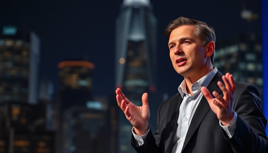 Well-dressed man speaking on stage with cityscape background.