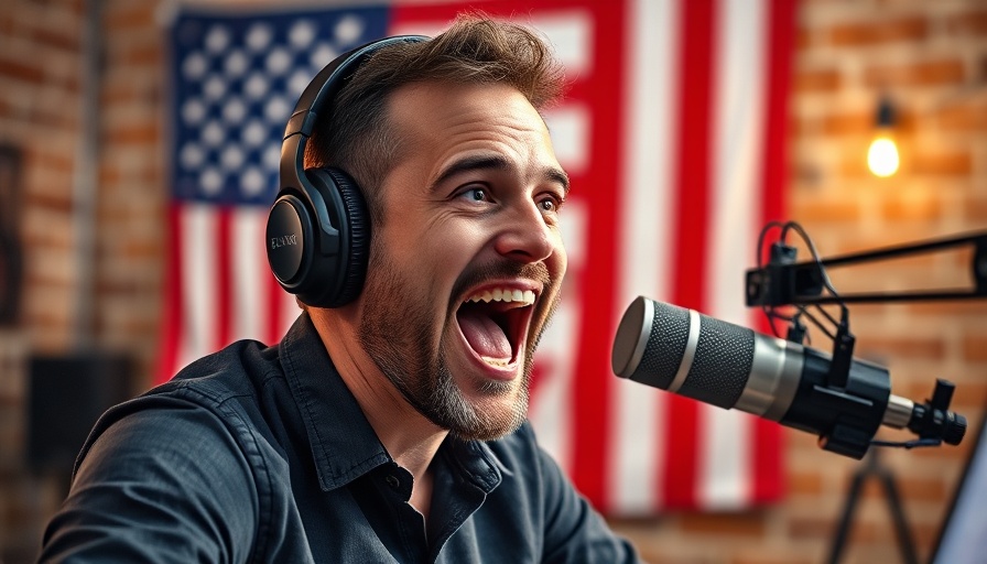 Male podcast host in studio with flag, discussing topics.