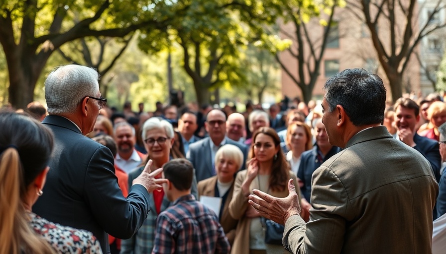 Outdoor debate scene with diverse crowd and speakers, vibrant setting.