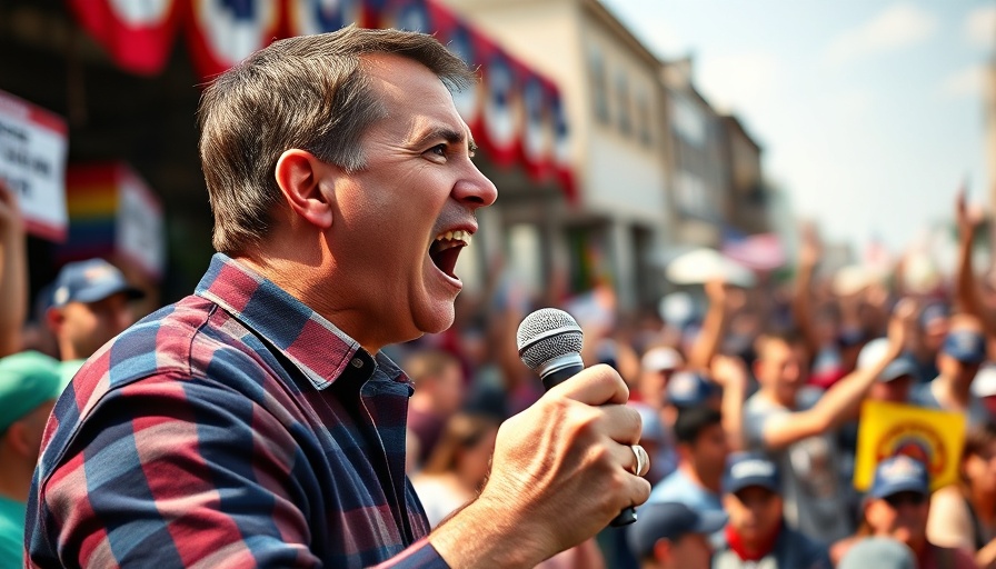 Dynamic scene of speaker at rally with crowd, bold colors, outdoor setting