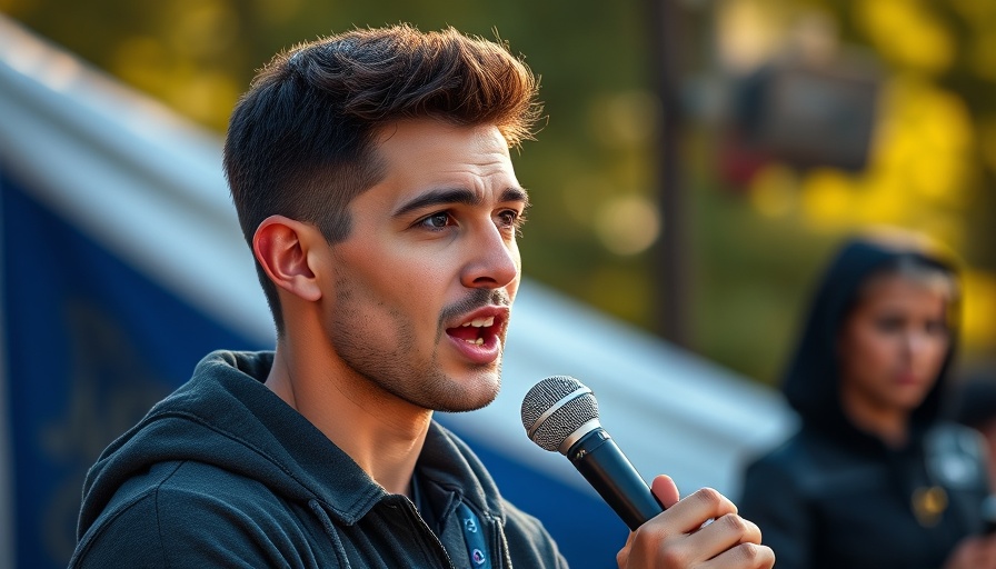 Young male speaker discusses democracy and freedom outdoors.