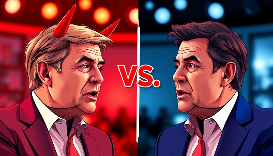 Split-screen debate scenario with horned character and versus symbol, vibrant cartoon.
